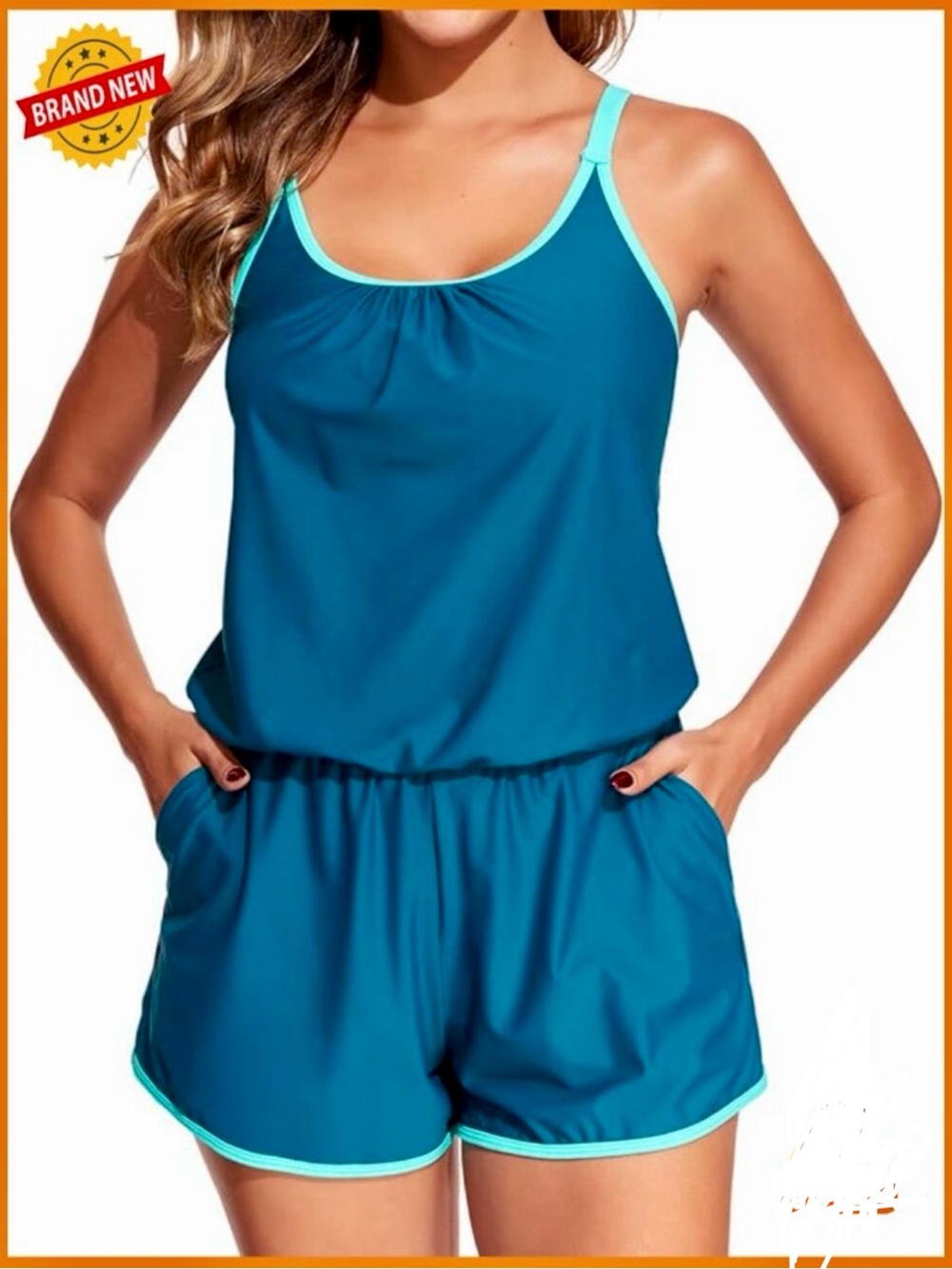 Women’s Teal Blue Swim Romper with Mint Trim Large NWOT
